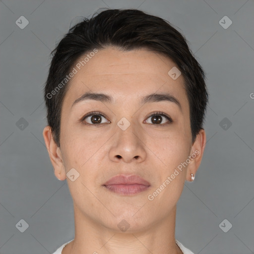 Joyful white young-adult female with short  brown hair and brown eyes