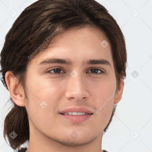 Joyful white young-adult male with medium  brown hair and brown eyes