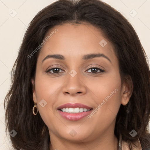 Joyful white young-adult female with long  brown hair and brown eyes