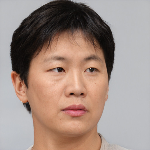Neutral asian young-adult female with short  brown hair and brown eyes