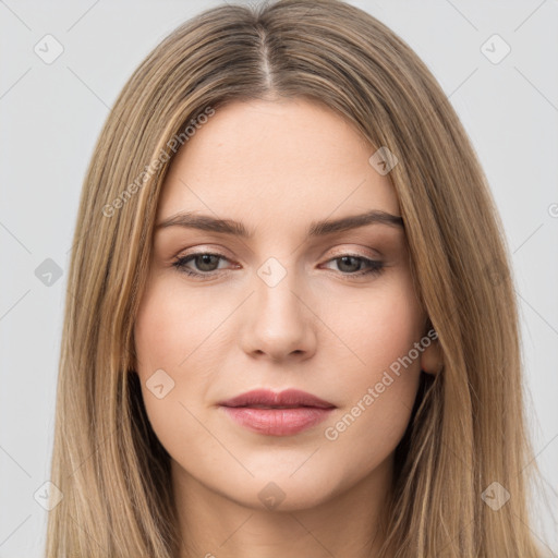 Neutral white young-adult female with long  brown hair and brown eyes