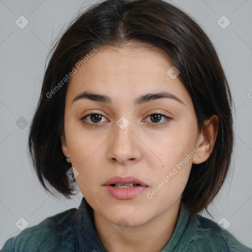 Neutral white young-adult female with medium  brown hair and brown eyes