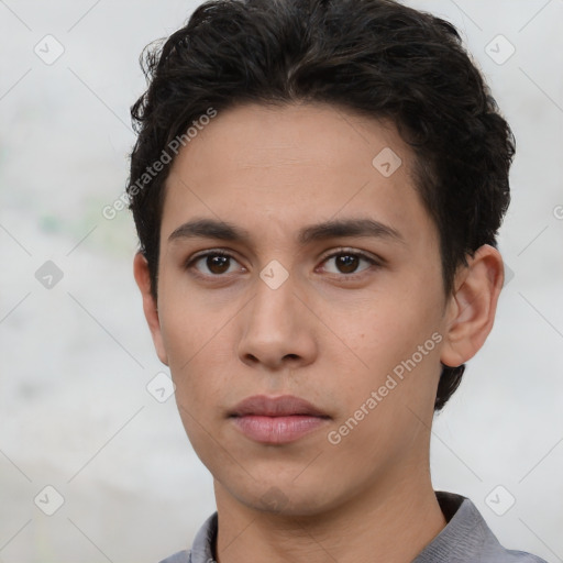 Neutral white young-adult male with short  black hair and brown eyes