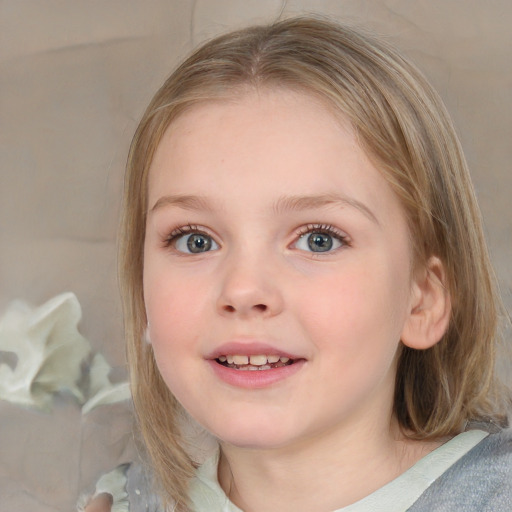 Joyful white child female with medium  brown hair and blue eyes