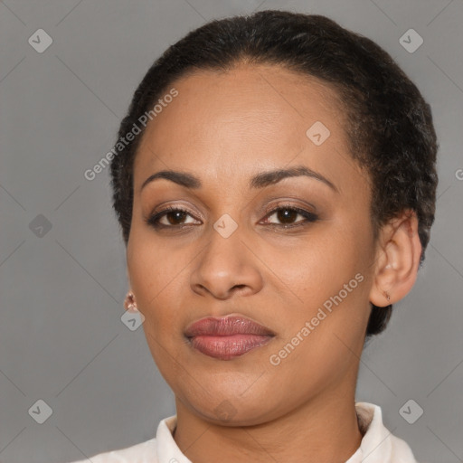 Joyful latino young-adult female with short  brown hair and brown eyes