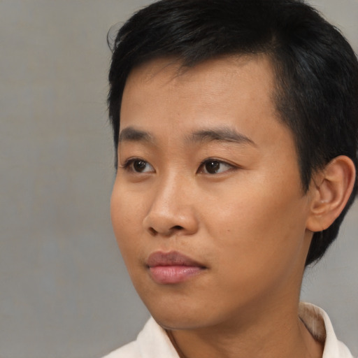 Neutral asian young-adult male with short  black hair and brown eyes