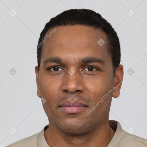 Neutral black young-adult male with short  black hair and brown eyes