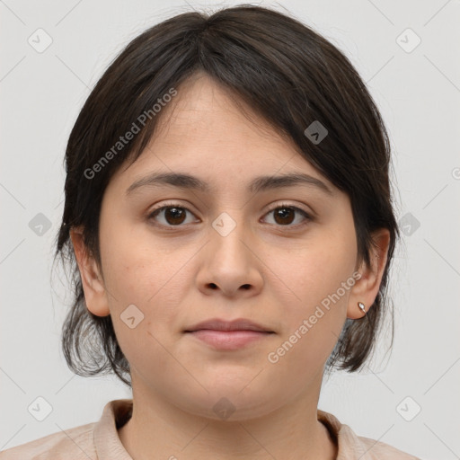 Neutral white young-adult female with medium  brown hair and brown eyes