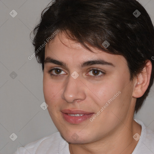 Joyful white young-adult female with short  brown hair and brown eyes