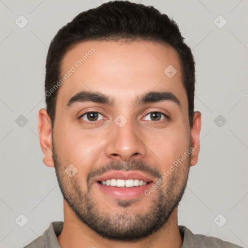 Joyful white young-adult male with short  brown hair and brown eyes