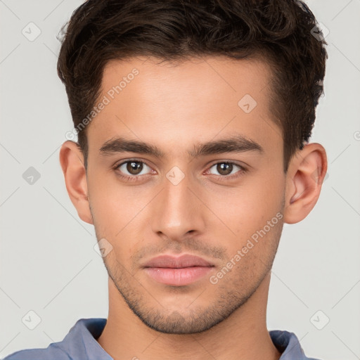 Neutral white young-adult male with short  brown hair and brown eyes