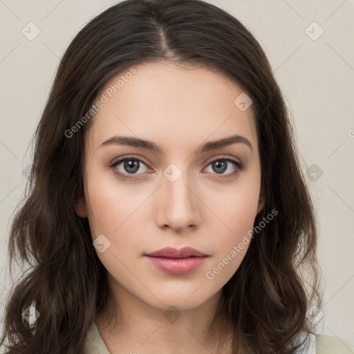 Neutral white young-adult female with long  brown hair and brown eyes