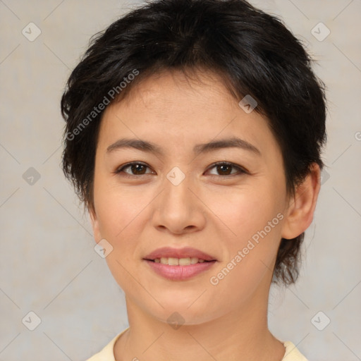 Joyful asian young-adult female with medium  brown hair and brown eyes