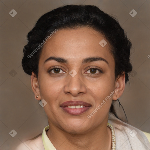 Joyful latino young-adult female with short  brown hair and brown eyes