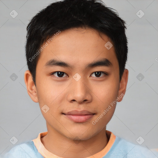 Neutral asian young-adult male with short  brown hair and brown eyes