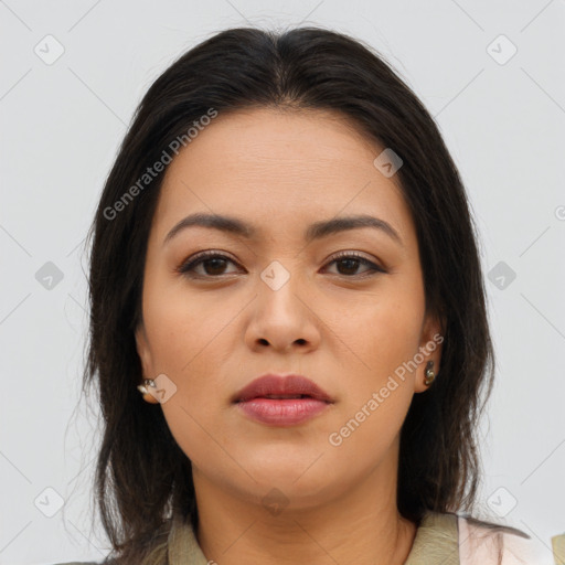 Joyful asian young-adult female with medium  brown hair and brown eyes