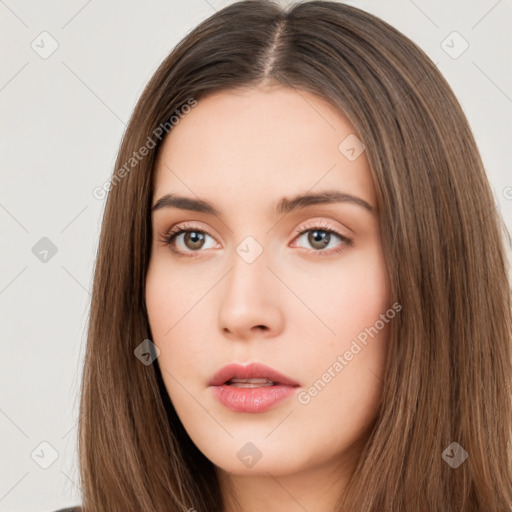 Neutral white young-adult female with long  brown hair and brown eyes