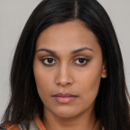 Neutral asian young-adult female with long  brown hair and brown eyes