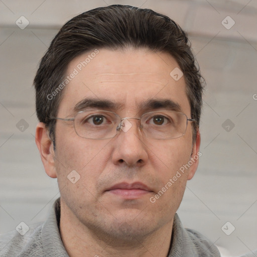 Neutral white adult male with short  brown hair and brown eyes