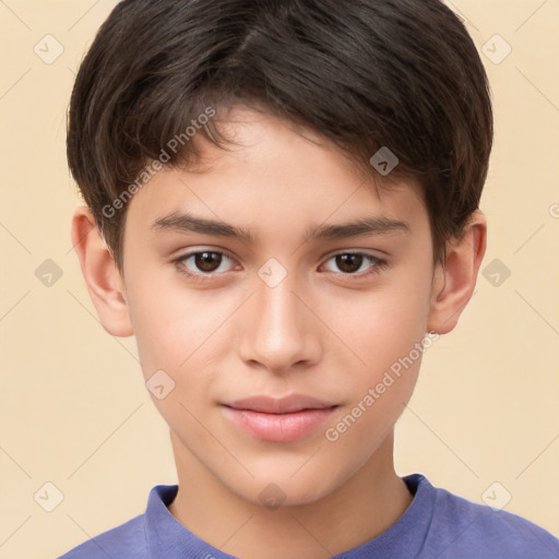 Joyful white child male with short  brown hair and brown eyes