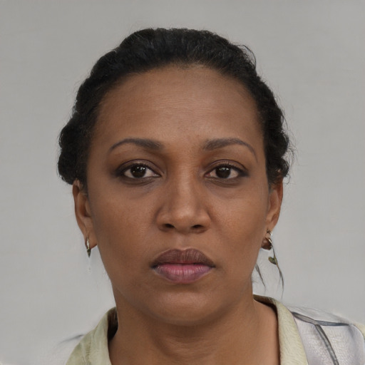 Neutral black adult female with short  brown hair and brown eyes