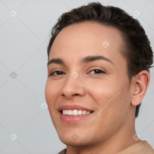 Joyful white young-adult female with short  brown hair and brown eyes