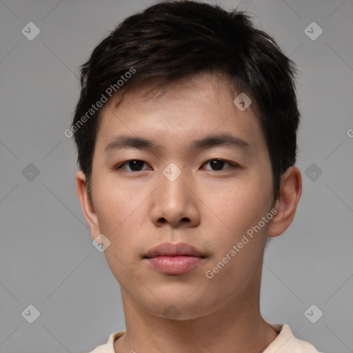 Neutral asian young-adult male with short  brown hair and brown eyes