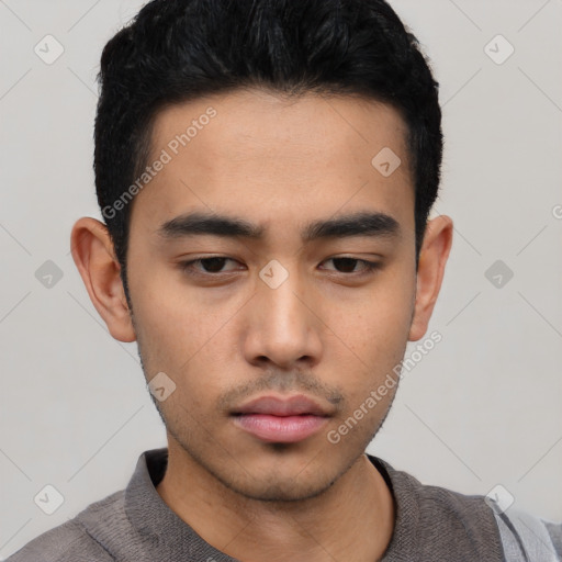 Neutral asian young-adult male with short  black hair and brown eyes