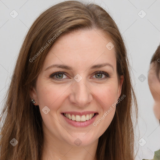 Joyful white young-adult female with long  brown hair and grey eyes