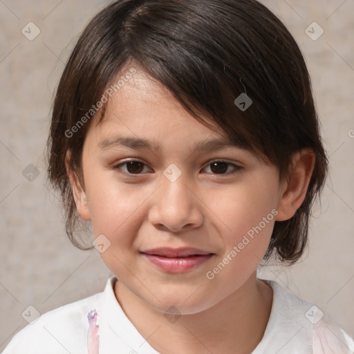 Joyful white child female with medium  brown hair and brown eyes