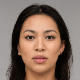 Neutral asian young-adult female with long  brown hair and brown eyes