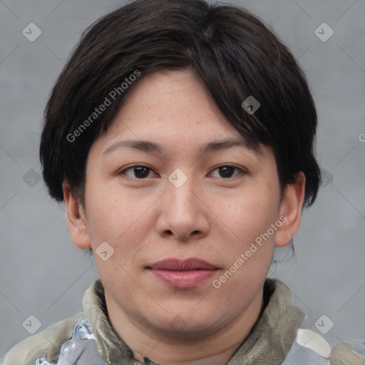 Joyful asian young-adult female with medium  brown hair and brown eyes