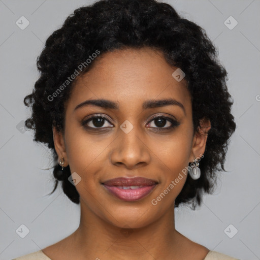 Joyful black young-adult female with medium  black hair and brown eyes