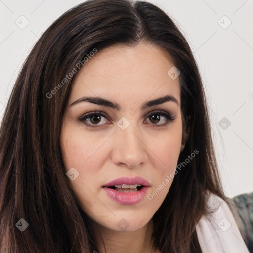 Joyful white young-adult female with long  brown hair and brown eyes