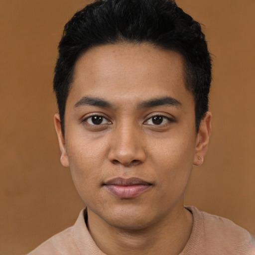 Joyful latino young-adult male with short  black hair and brown eyes