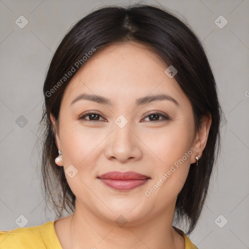 Joyful white young-adult female with medium  brown hair and brown eyes