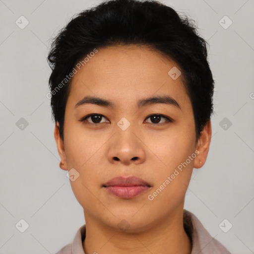 Neutral asian young-adult female with short  black hair and brown eyes