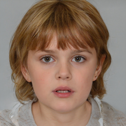 Neutral white child female with medium  brown hair and blue eyes