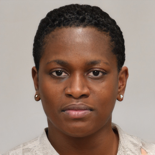 Neutral black young-adult female with short  black hair and brown eyes