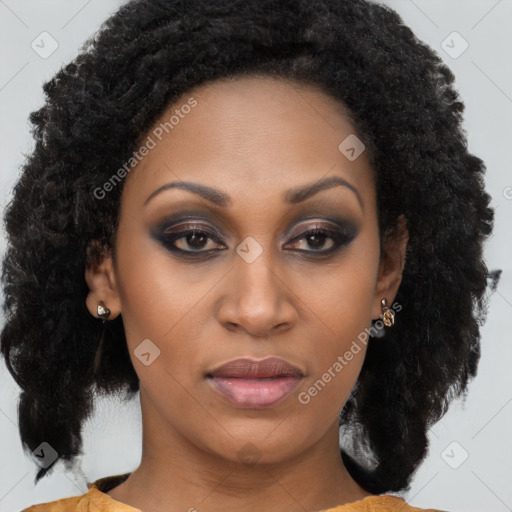 Joyful black young-adult female with long  brown hair and brown eyes