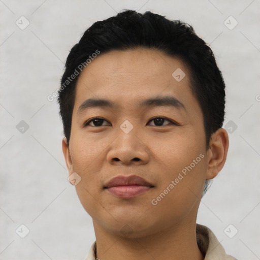 Neutral asian young-adult male with short  black hair and brown eyes