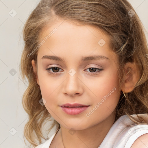 Joyful white child female with medium  brown hair and brown eyes