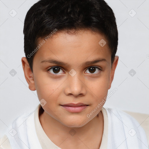 Joyful white child female with short  brown hair and brown eyes