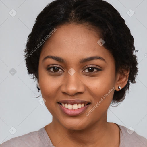 Joyful black young-adult female with medium  black hair and brown eyes