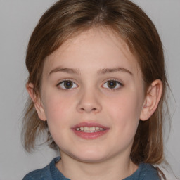 Joyful white child female with medium  brown hair and blue eyes