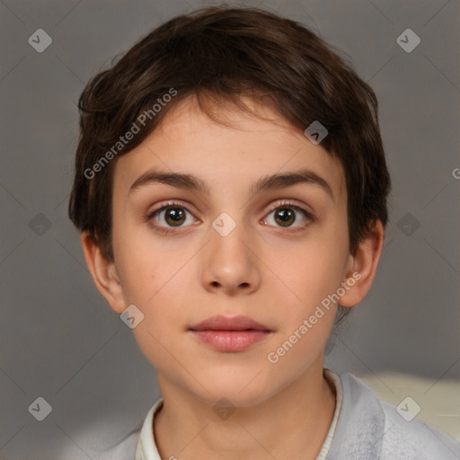 Neutral white young-adult female with short  brown hair and brown eyes