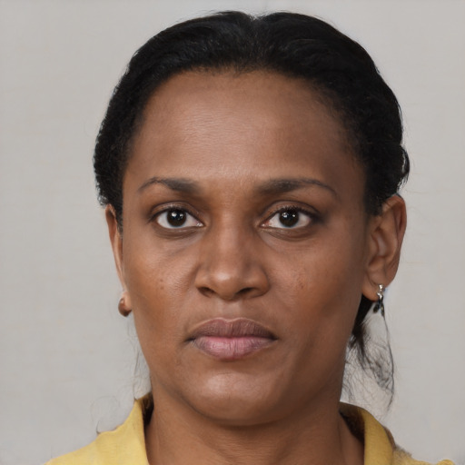 Neutral black young-adult female with short  black hair and brown eyes