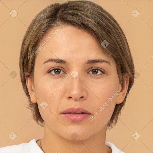 Neutral white young-adult female with medium  brown hair and brown eyes