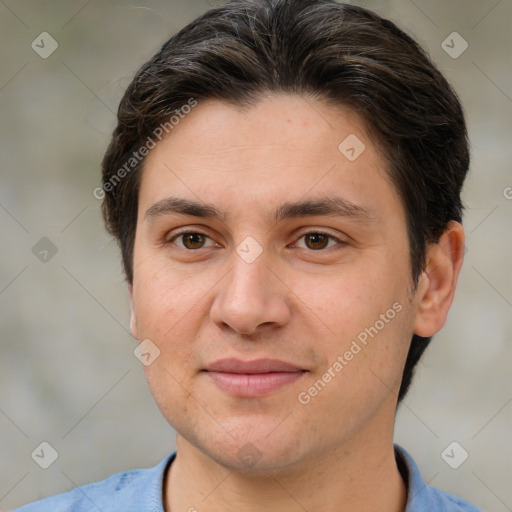 Joyful white adult female with short  brown hair and brown eyes