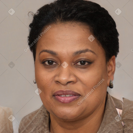 Joyful black adult female with short  brown hair and brown eyes